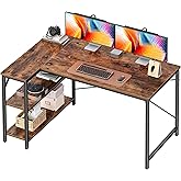 Huuger 47 Inches L Shaped Desk, Computer Desk with Reversible Storage Shelves, for Gaming Corner Home Office Writing Study, Metal Frame, Rustic Brown
