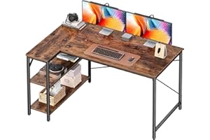 Huuger 47 Inches L Shaped Desk, Computer Desk with Reversible Storage Shelves, for Gaming Corner Home Office Writing Study, Metal Frame, Rustic Brown