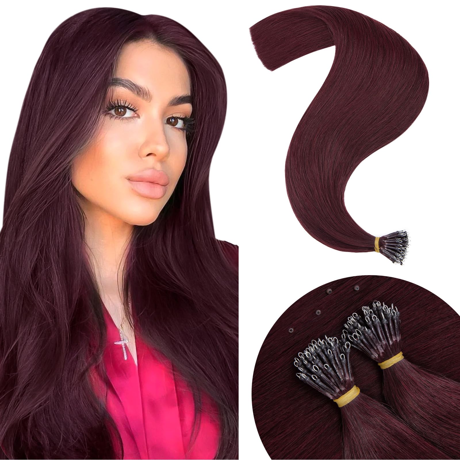 Elailite Nano Ring Extension Real Human Hair 50 Strands 50g Cold Fusion With Nano Beads Remy Hair Straight (#99J Wine Red, 16 Inch) — image 1