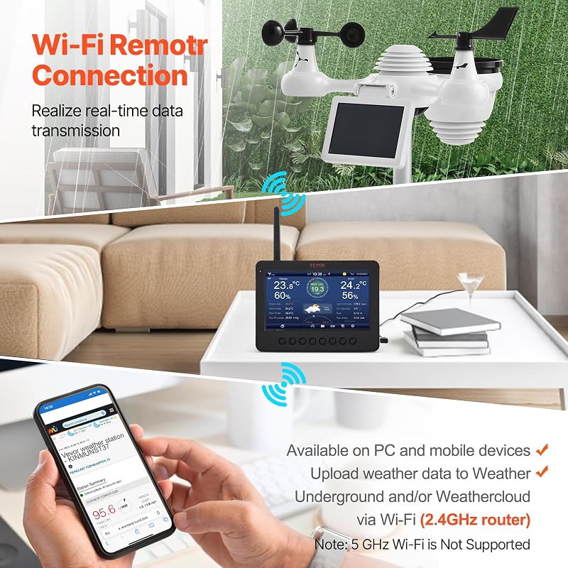 Stazione Meteorologica Wireless 7 in 1 con Wi-Fi, Display TFT Colorato 158 mm, Sensore Esterno Alimentato a Energia Solare, Include Temperatura Umidità Velocità Direzione Vento Precipitazioni