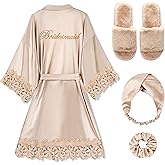EPLAZA 4 Pcs Bride Robe for Wedding Day Set Bridal Robe with Slippers Lace Trim Wedding Robe for Bridal Bachelorette Party