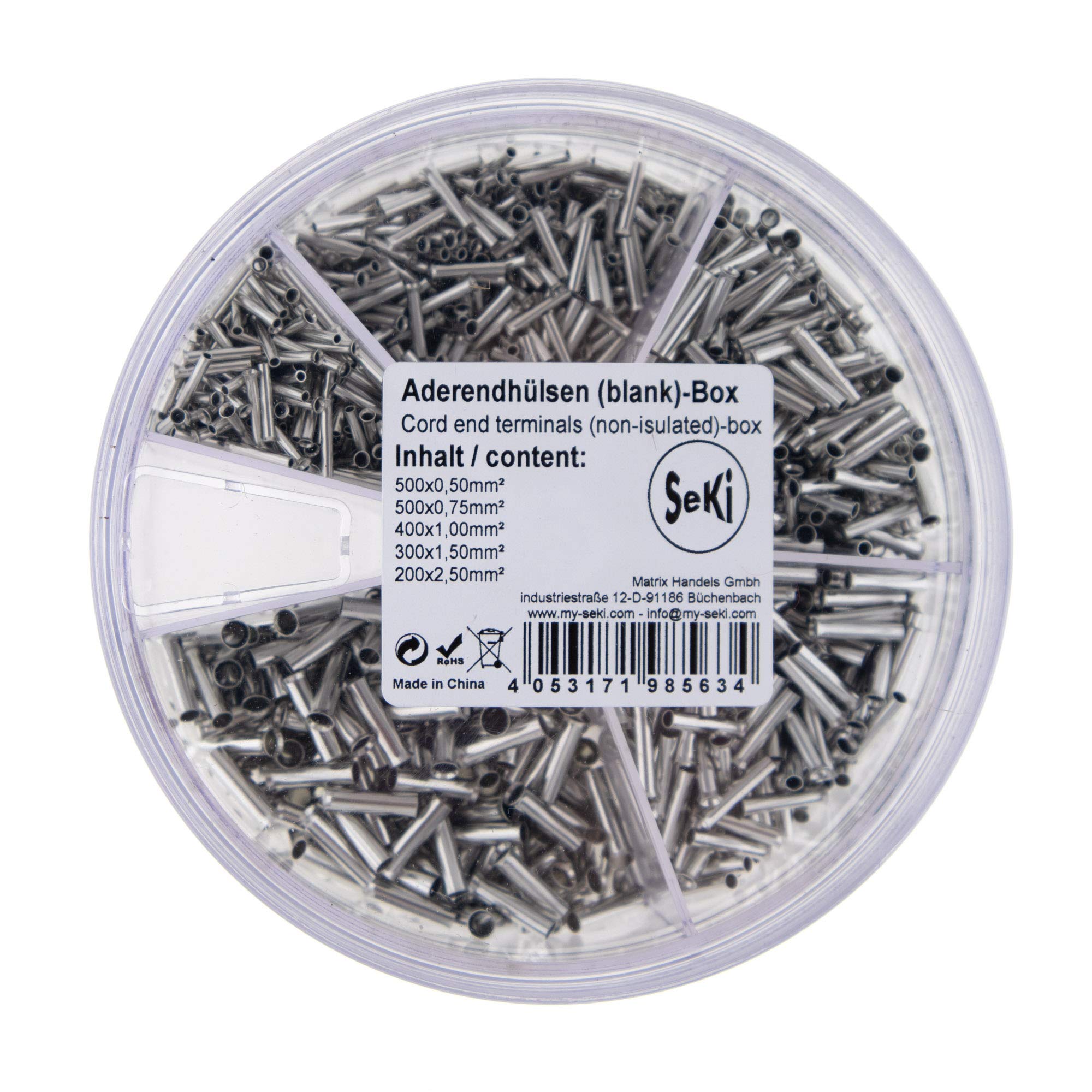 SeKi Wire End Ferrules Assortment Shaker Box Uninsulated 0.5-2.5 mm² (500 x 0.50 mm², 500 x 0.75 mm², 400 x 1.00 mm², 300 x 1.50 mm², 200 x 2.50 mm²), Grey