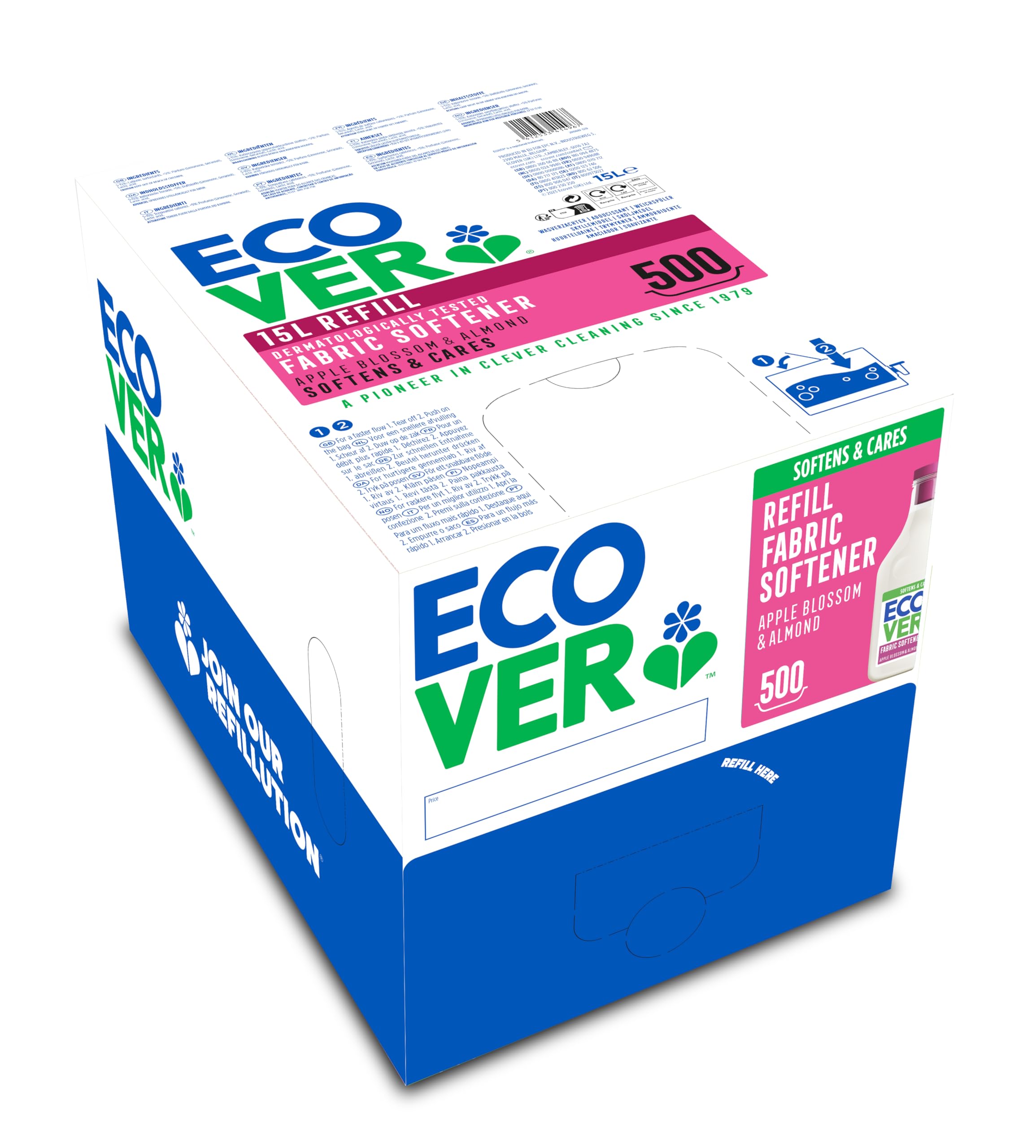 Ecover Fabric Softener Refill, Fabric Conditioner to Soften Your Clothes, Fresh Apple Blossom & Almond Scent, 1 x 495 Washes, 1 x 15L