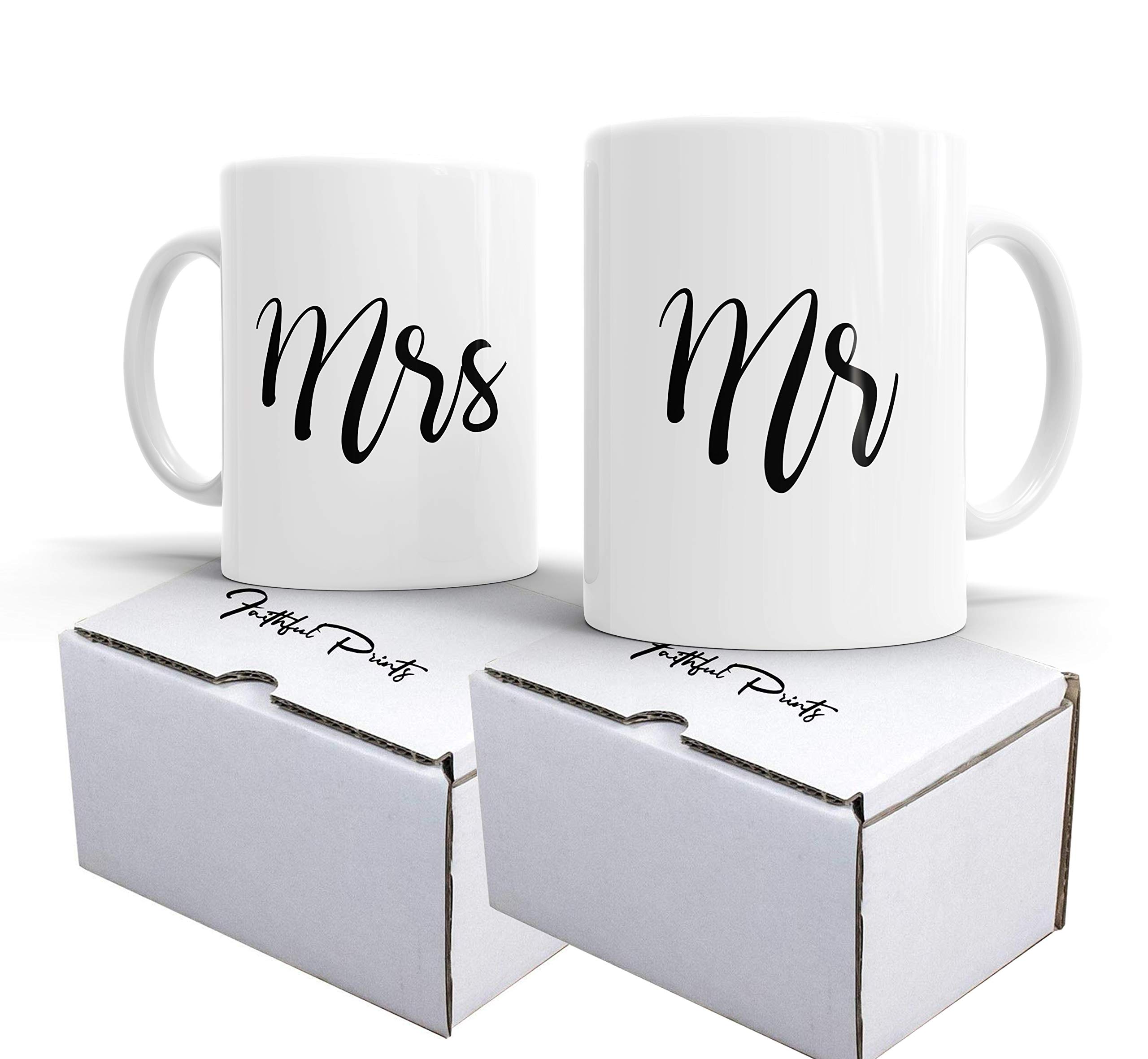 Faithful Prints Set of 2 Mugs MR and MRS Coffee Mug Tea Cup Wedding Engagement Gift Bride Groom