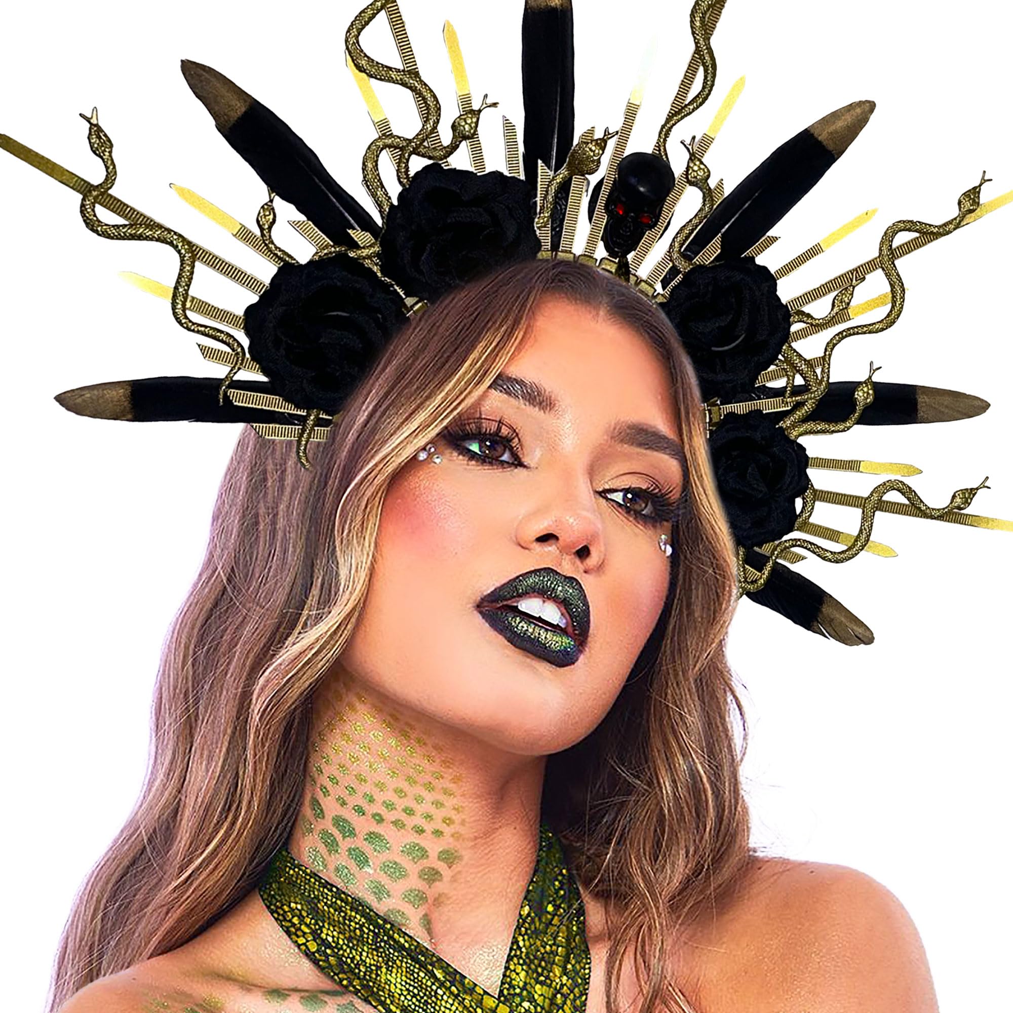 Roaring Good Time Black Rose Medusa Headpiece Skull Snake Headband Goddess Costume Women's Christmas Party Accessory
