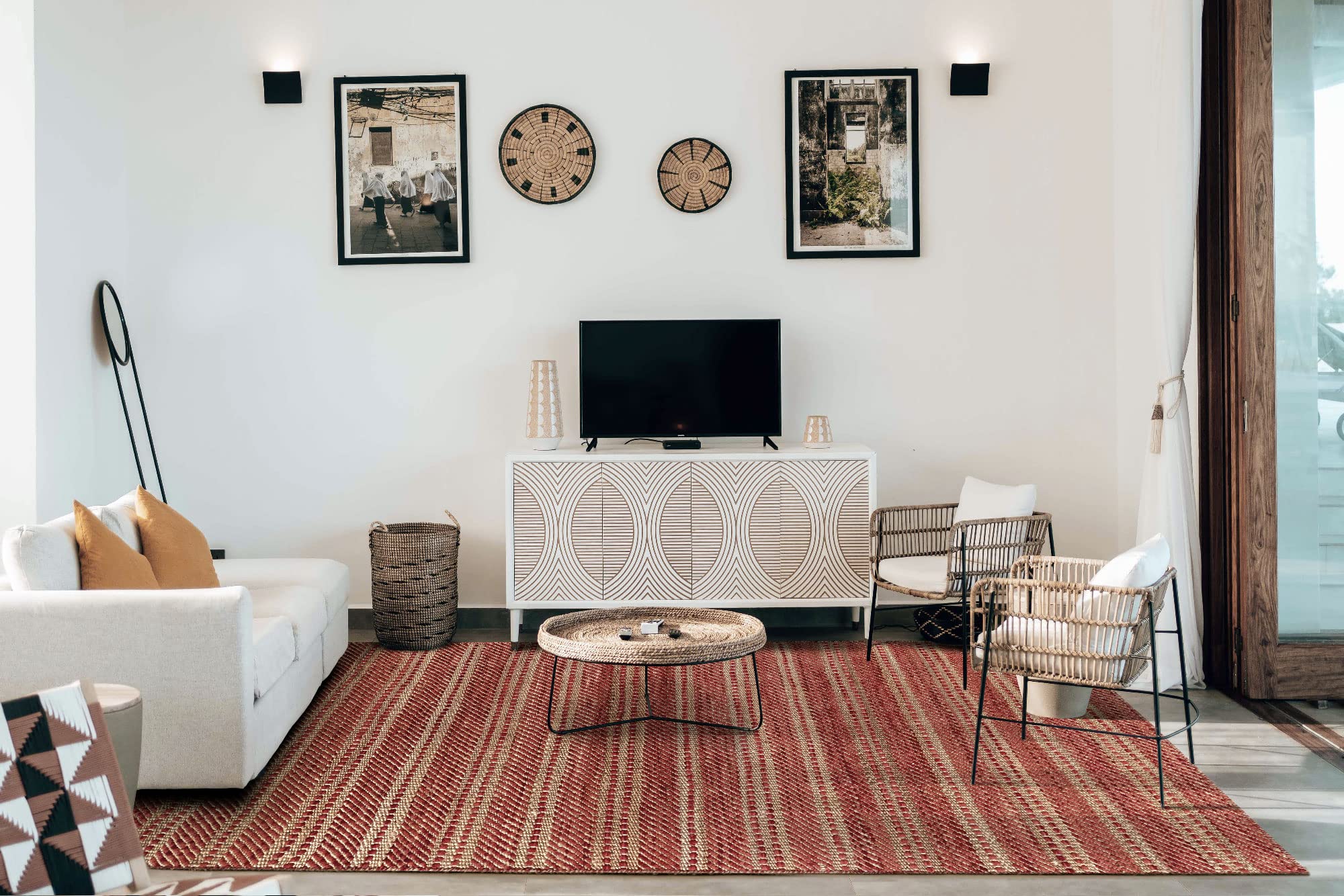 HAMID - Wool and Jute Rug Olivia Hand Woven Wool Jute Rug for Living Room Bedroom Red Natural Color (60 x 110 cm)