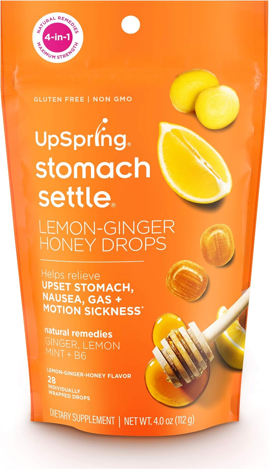 UpSpring Stomach Settle Drops for Nausea, Gas, Bloating, Morning Sickness and Motion Sickness Relief, 28 Count Individually Wrapped Drops for Tummy with Ginger, Lemon, Spearmint, Honey and B6: Health & Personal Care