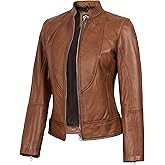 Blingsoul Disc Leather Jacket Women - Cafe Racer Real Lambskin Womens Leather Jacket
