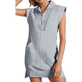 Fisoew Womens Summer Half Zip Sweatshirt Dresses V Neck Collared Sleeveless Workout Tunic Mini Dress