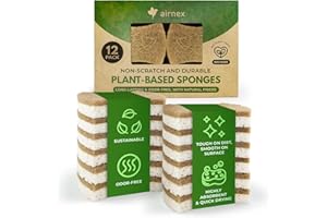 AIRNEX 12 Pack Natural Sponges for Dishes - Biodegradable Sponges for Kitchen - Plant Based Cellulose & Coconut Natural Dish 
