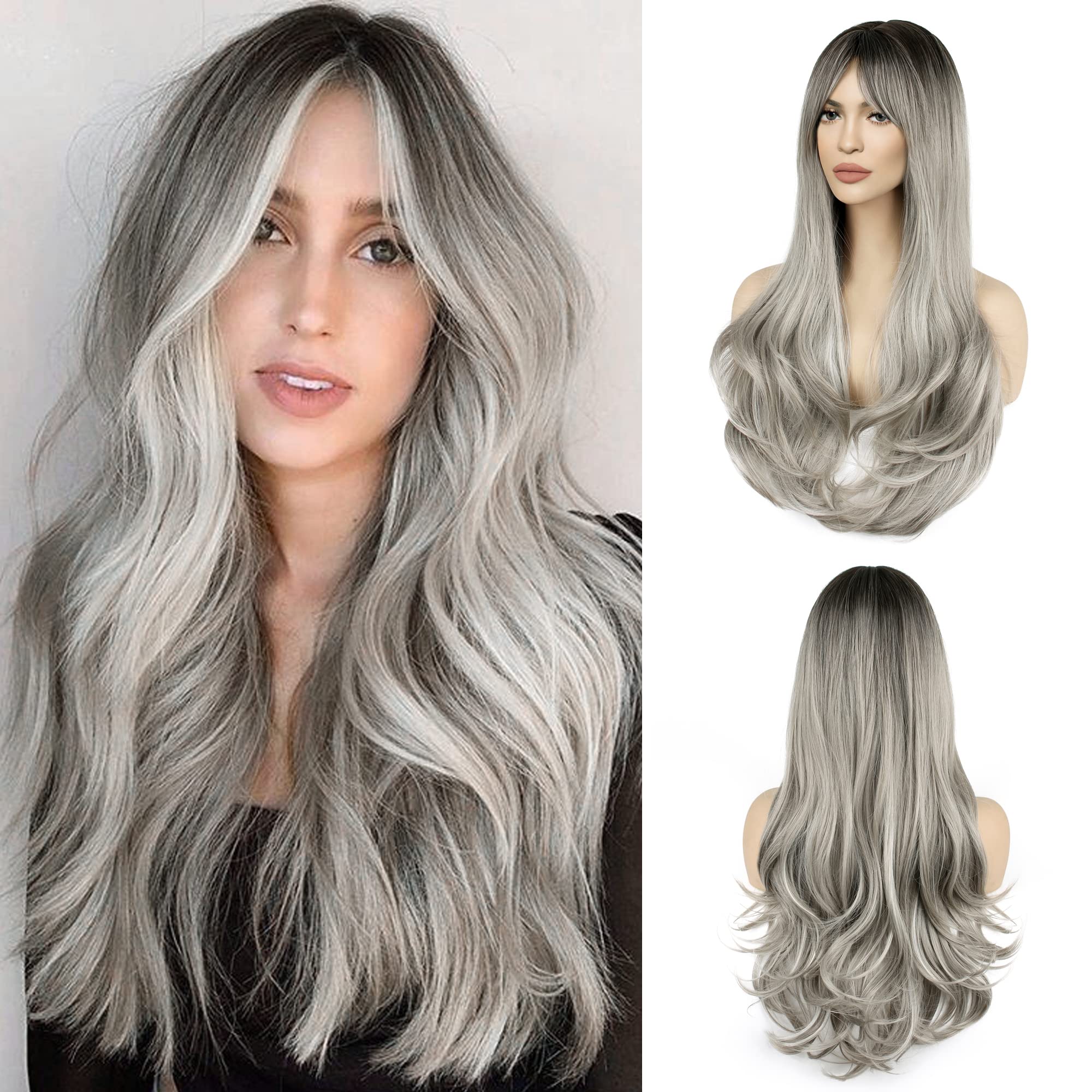 FAELBATY Long Curly Wig With Bangs - Silver Grey Ombre Brown Synthetic Hair for Women - 24" Natural Look for Daily, Party, Cosplay (RH6/171/Grey#)