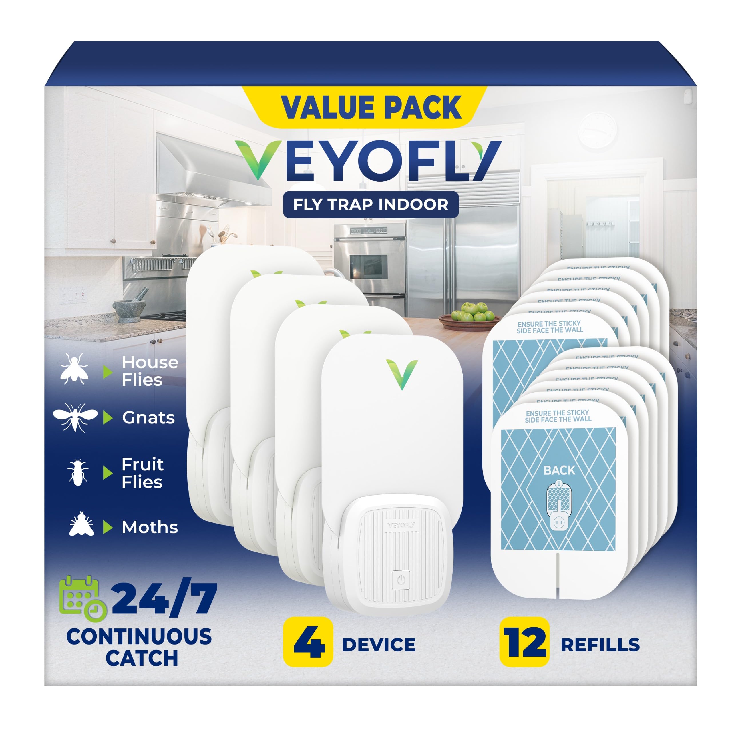 Photo 1 of VEYOFLY Fly Trap Indoor, Fruit Fly Traps for Indoors, (4 Device + 12 Refills) Gnat Traps for House Indoor, Fly Catcher Indoor, Plug in Light Flying Insect Trap, Bug Light Killer, Fly Trap