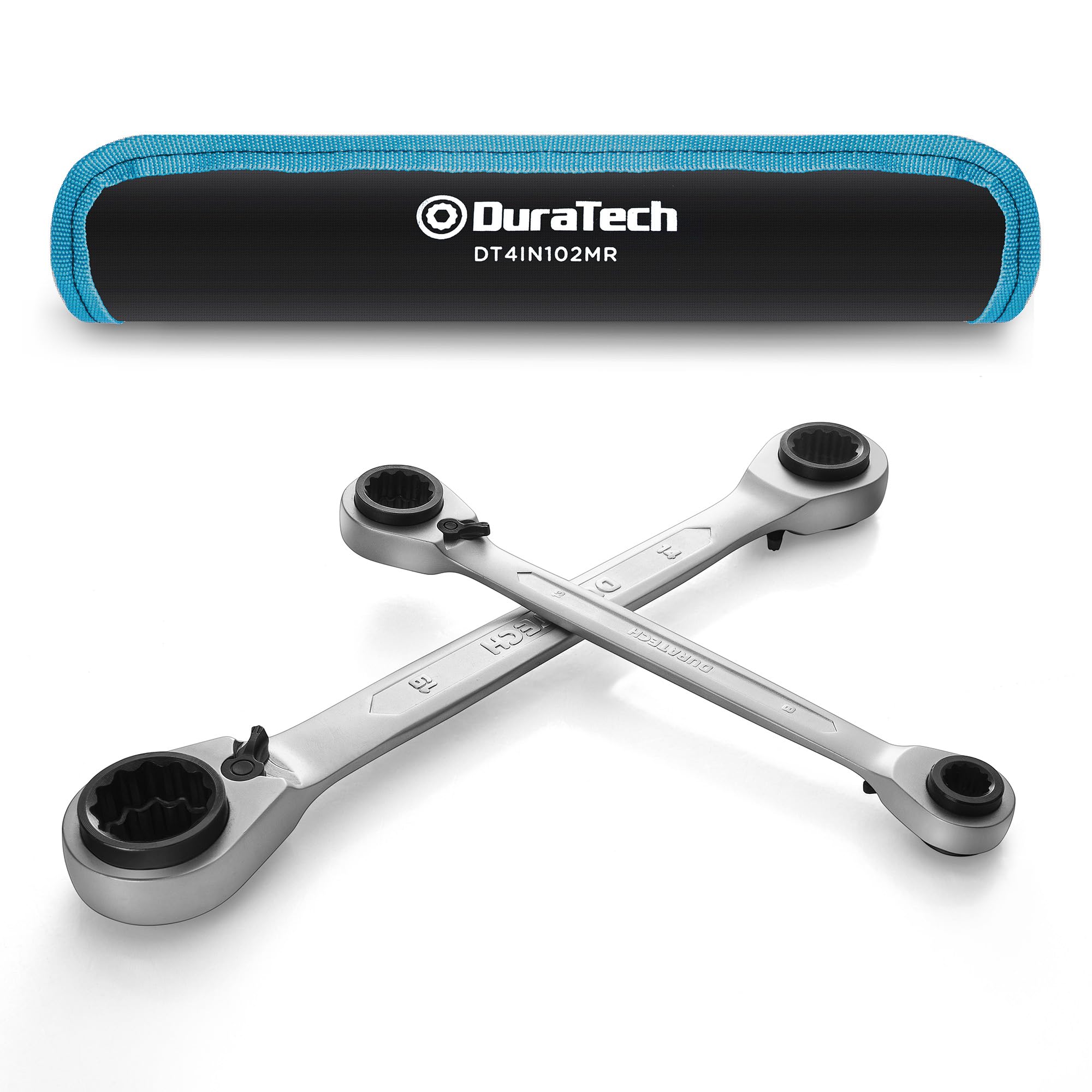 DURATECH 2 Piece 4-in-1 Reversible Ratchet Spanner Set 8-19 mm, Metric Double Ring Ratcheting Box Spanners, 72-Tooth, Chrome Vanadium Steel, with Roll-Up Pouch