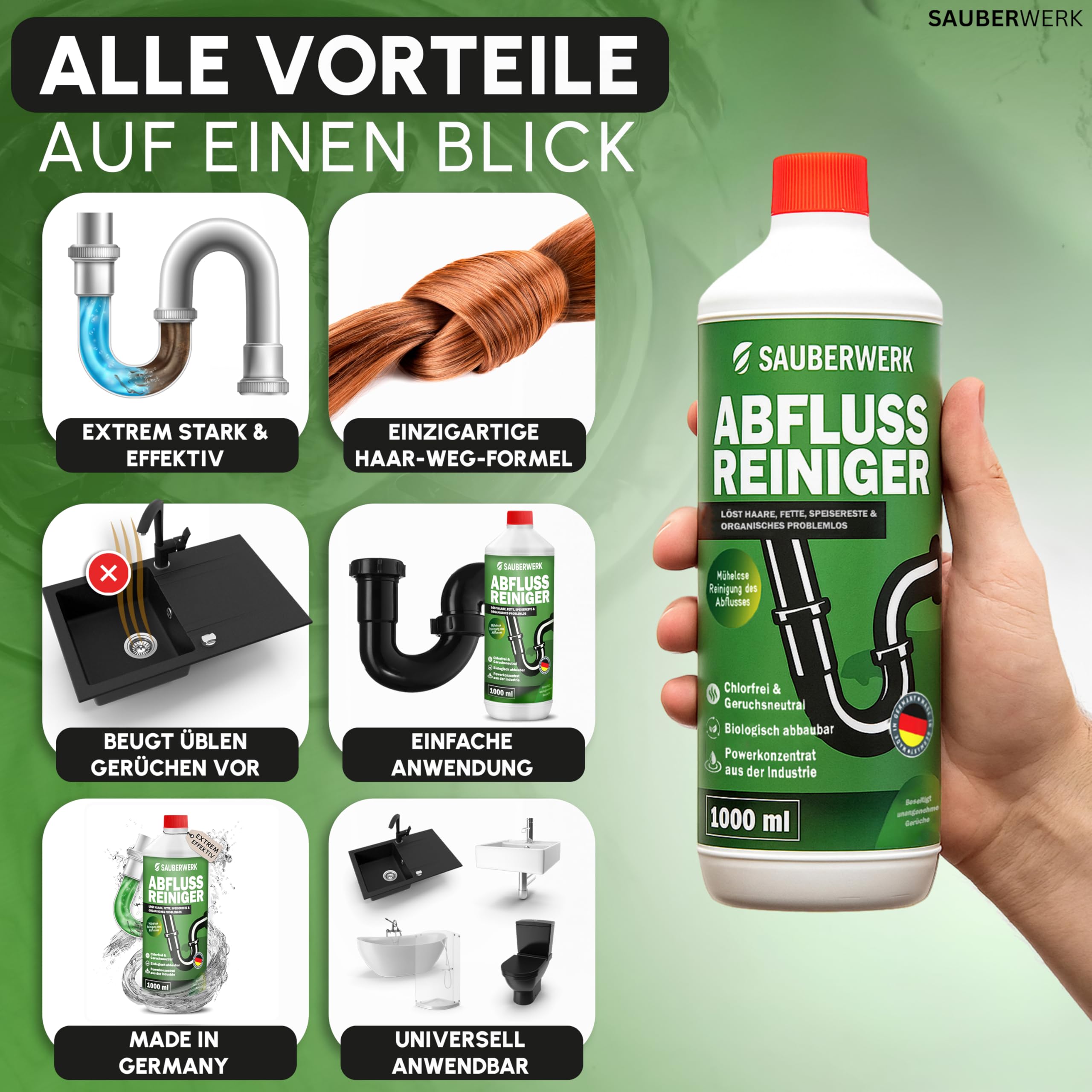 SauberWerk® - Profi Abflussreiniger & Rohrreiniger „Haarfrei“ (1L) - Haarentferner flüssig für Toilette, WC & Küche EXTRA STARK - Rohrfrei & Abflussfrei gegen Abfluss-Verstopfung Haare & Organischem 2
