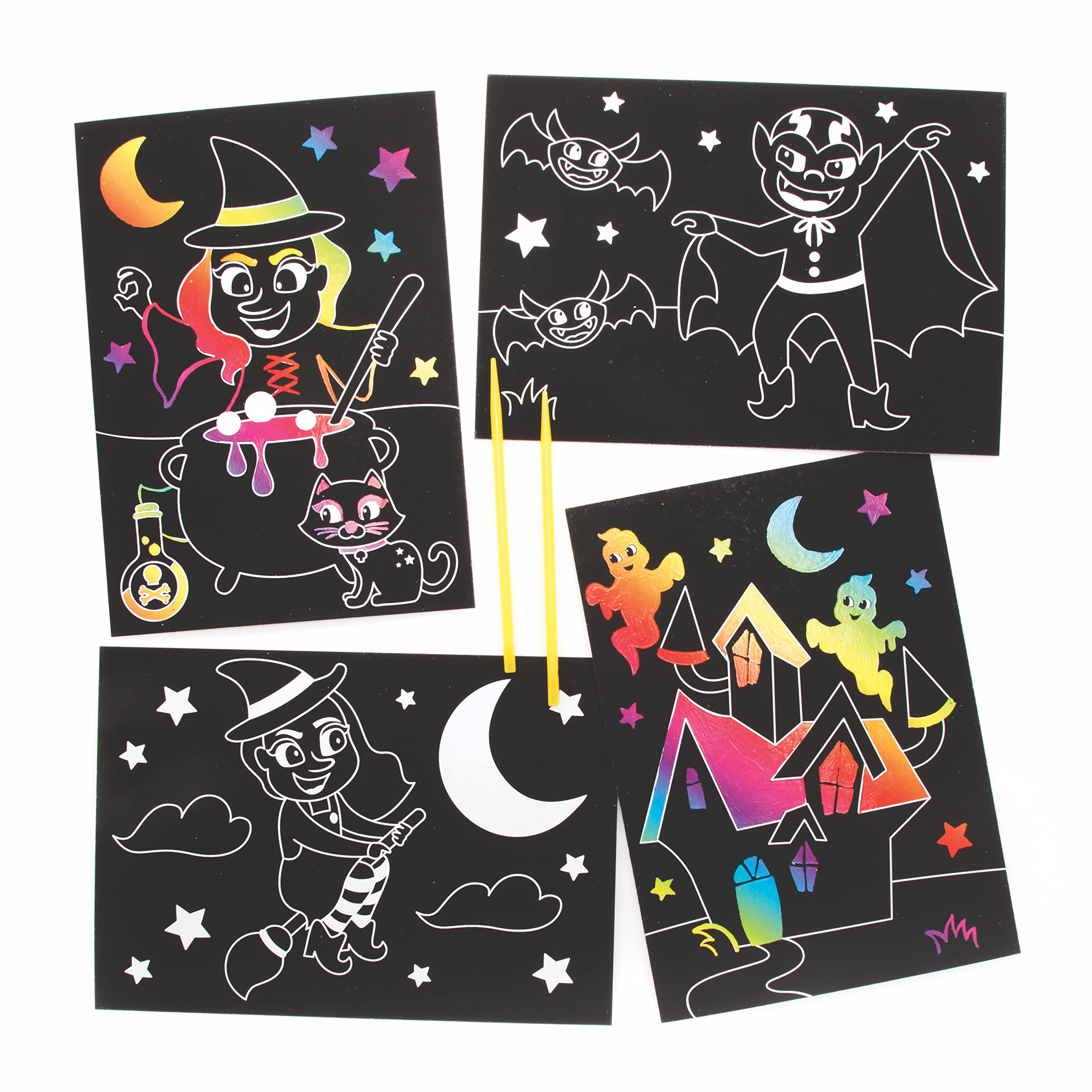 Baker Ross FE766 Halloween Scratch Art Pictures - Pack of 8, Arts and Crafts for Kids, Engraving Art for Children, Halloween Kids Activities
