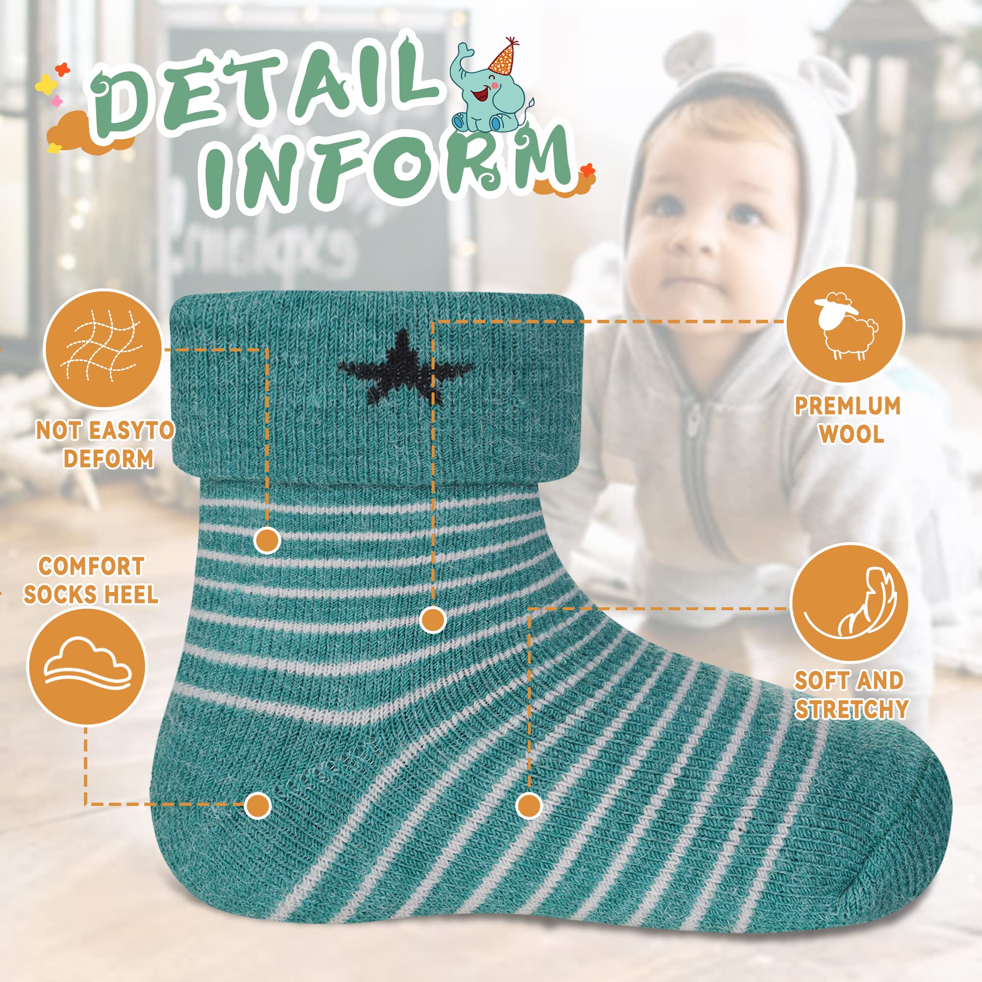 Eocom 6 Pairs Baby Boys Girls Wool Socks Infant Toddlers Kids Unisex Winter Thick Soft Warm Thermal Crew Socks