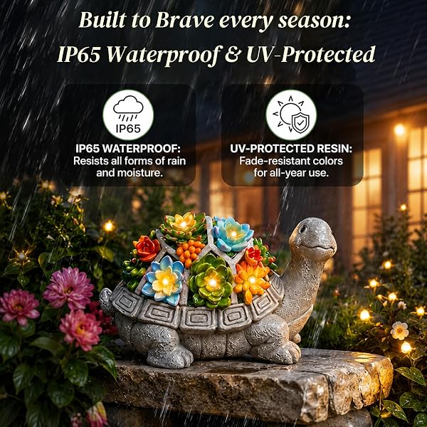 NACOME SOLAR GARDEN OUTDOOR STATUES TURTLE WITH SUCCULENT AND 7 LED LIGHTS – LAWN DECOR STATUE FOR PATIO, BALCONY, YARD ORNAMENT – GIFTS FOR MOM GRANDMA WOMEN