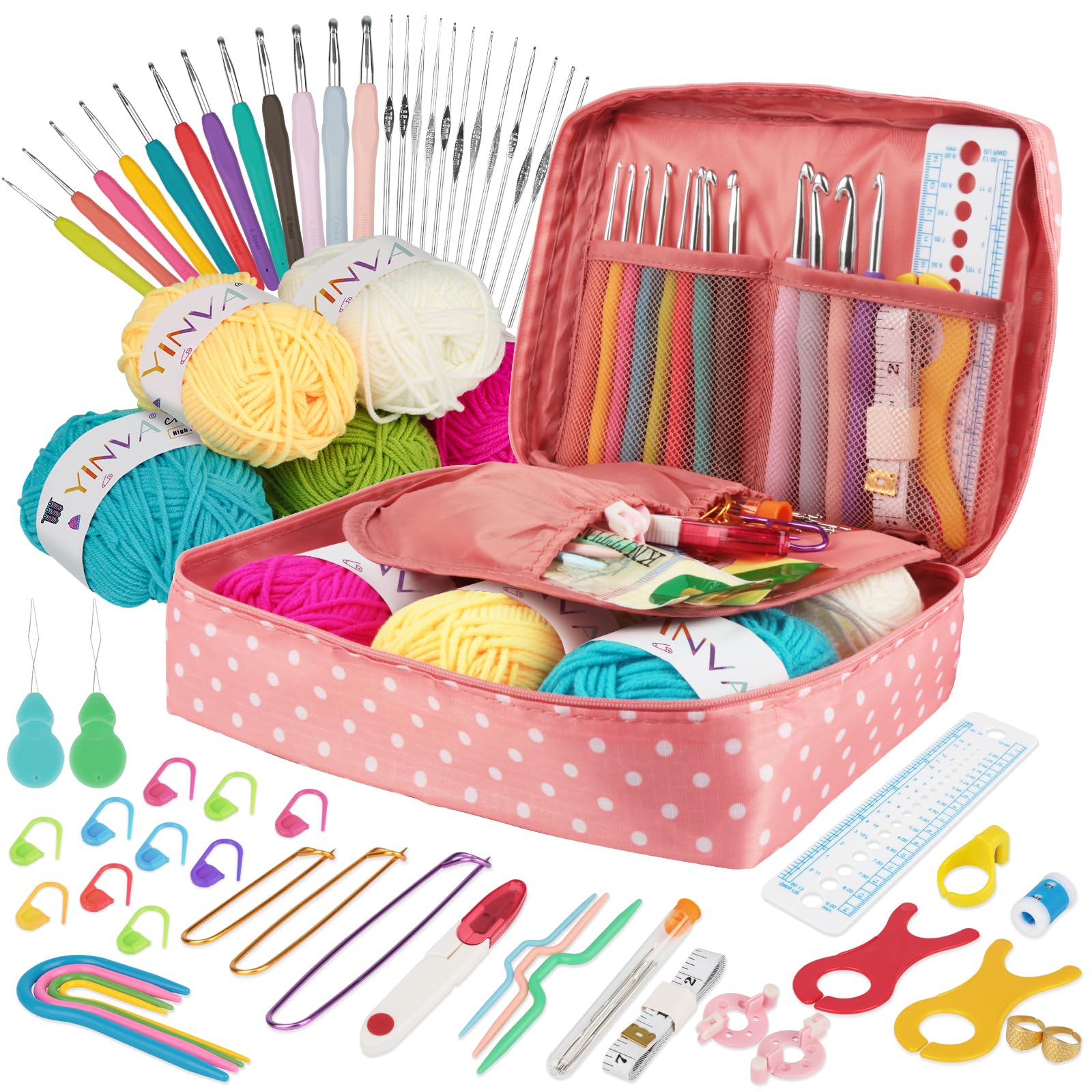 Crochet Hooks Set for Beginners Adults Crochet Kits Knitting Kit Ergonomic Metal Crochet Hooks 0.6mm-8mm Knitting Accessories Tools Crochet Wool Yarn Storage Case Needles Crochet Starter Kit-Pink