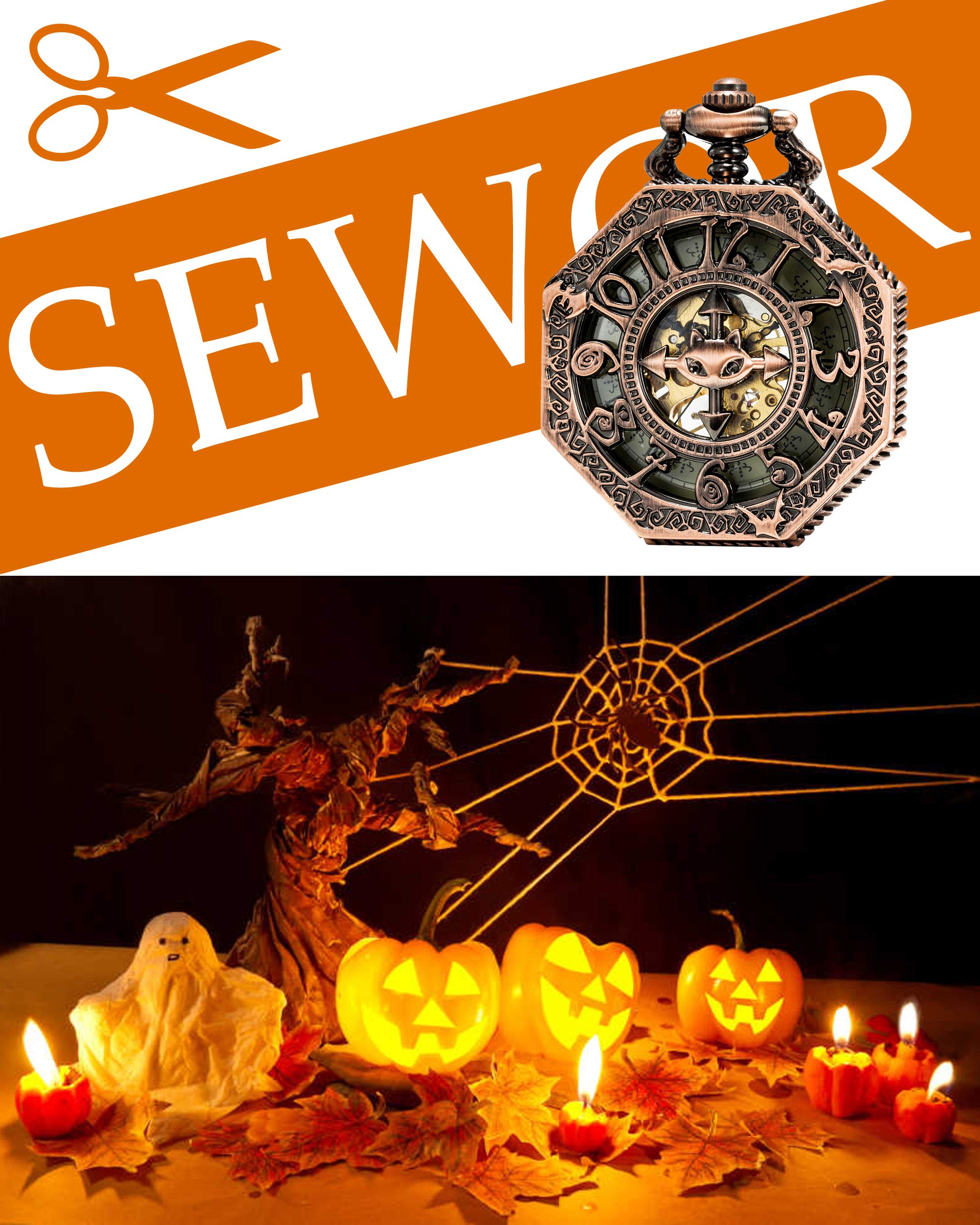 SEWOR Octagon Skeleton Pocket Watch Halloween Style Steampunk Mechanical Hand Wind (Red Copper)