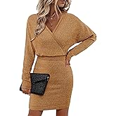 Bebonnie Womens Sexy V Neck Batwing Sleeve Sparkly Cocktail Party Sweater Dresses Holiday Bodycon Midi Dress