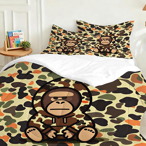 VTKON CAMOUFLAGE BEDDING SET FULL/QUEEN FOR BOYS KIDS TEENS AUDLTS CARTOON GORILLA COMFORTER SET CAMO ARMY GREEN MILITARY BED SET FOR BEDROOM HIP HOP ART QUILT SET WITH 1 COMFORTER + 2 PILLOWCASES