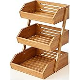 Simple Trending 3-Tier Natural Bamboo Fruit &amp; Vegetable Basket Organizer, Ventilated Countertop Kitchen Storage with 2 Removable Banana Hooks, Sturdy for Fruits, Veggies, Snacks, Bread, Easy Assemble