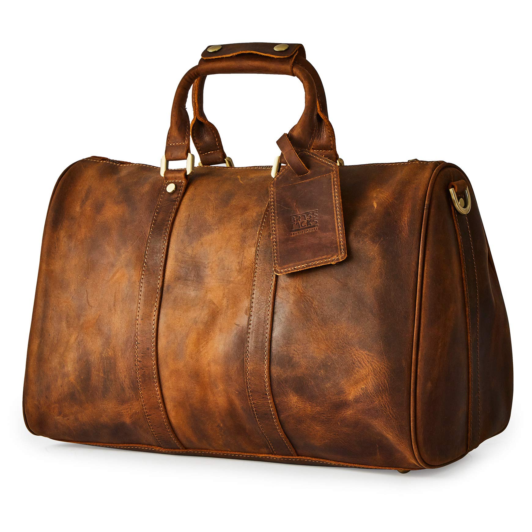 BRASS TACKS Leathercraft Men's Full Crazy Horse Leather Waterproof Utility Classic Overnight Excursion Duffel Weekend Business Trip Bag Shoulder Strap (Brown)