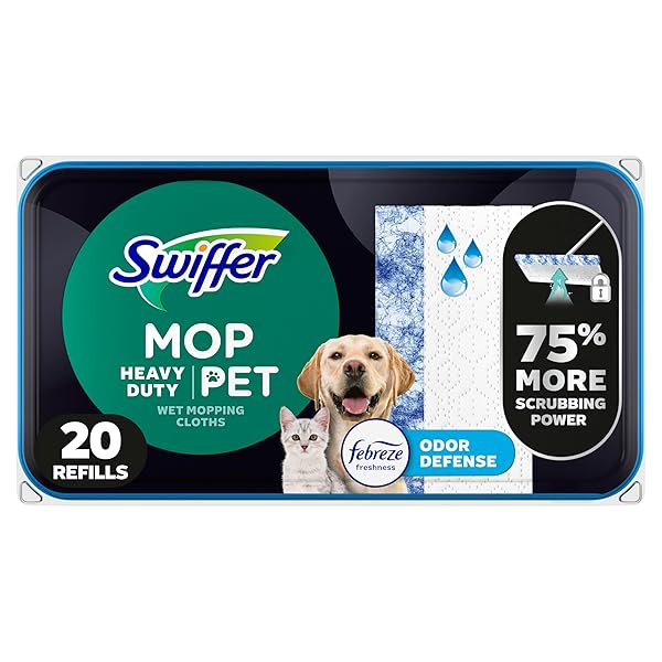SWIFFER HEAVY DUTY MOP WET MULTI-SURFACE CLOTH REFILLS FOR FLOOR MOPPING AND CLEANING, PET WITH FEBREZE ODOR DEFENSE, 20 COUNT