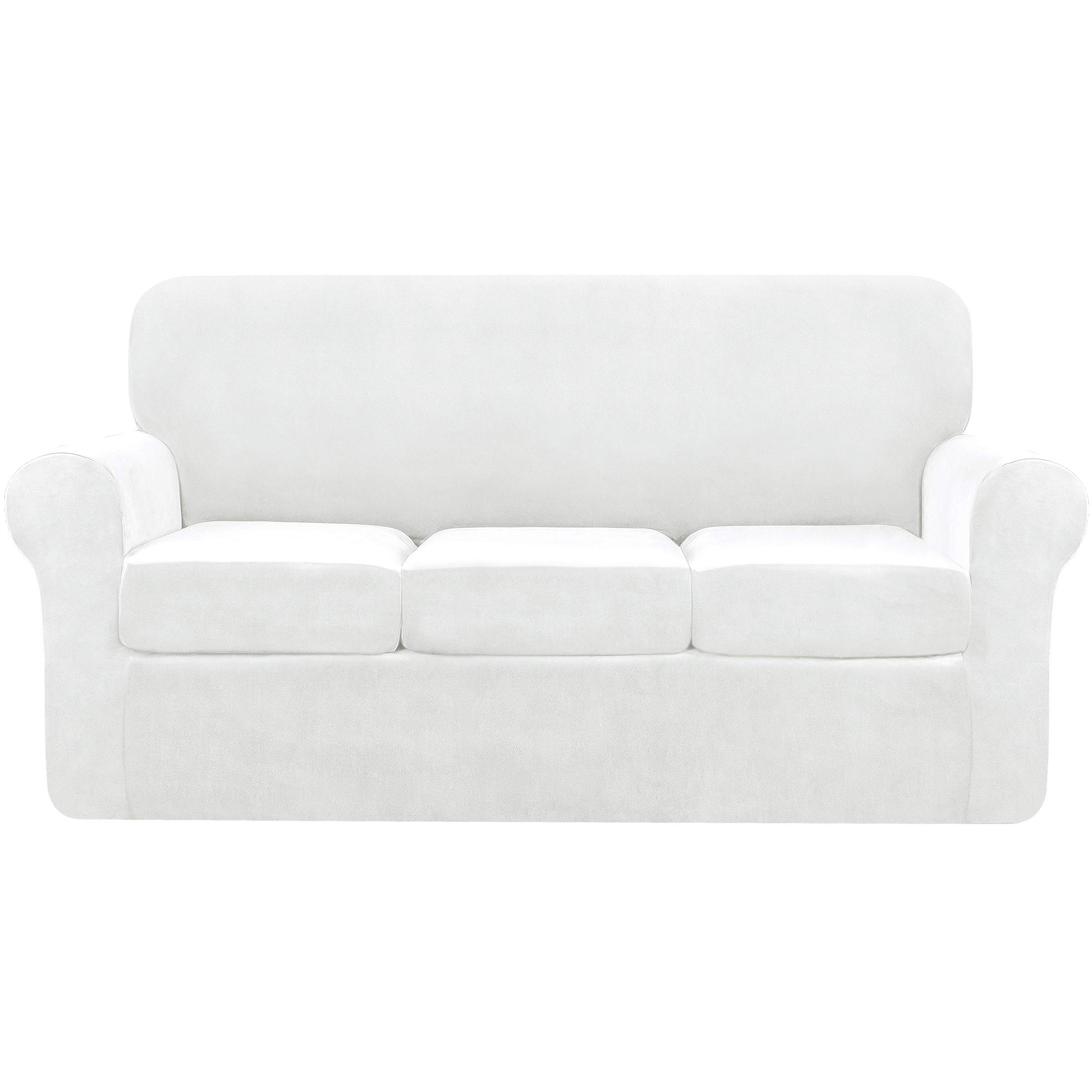 subrtex 3-Seater Stretch Velvet Couch Sofa Cover with Separate Cushion Soft Sofa Slipcover with Elastic Straps for Modern Plush Furniture Protector（3 Seaters,White Velvet