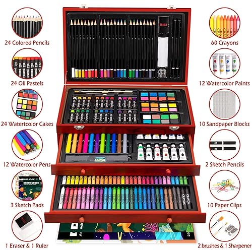 U.S. Art Supply 124 Piece Wood Box Easel Painting Set - Complete Artist Kit