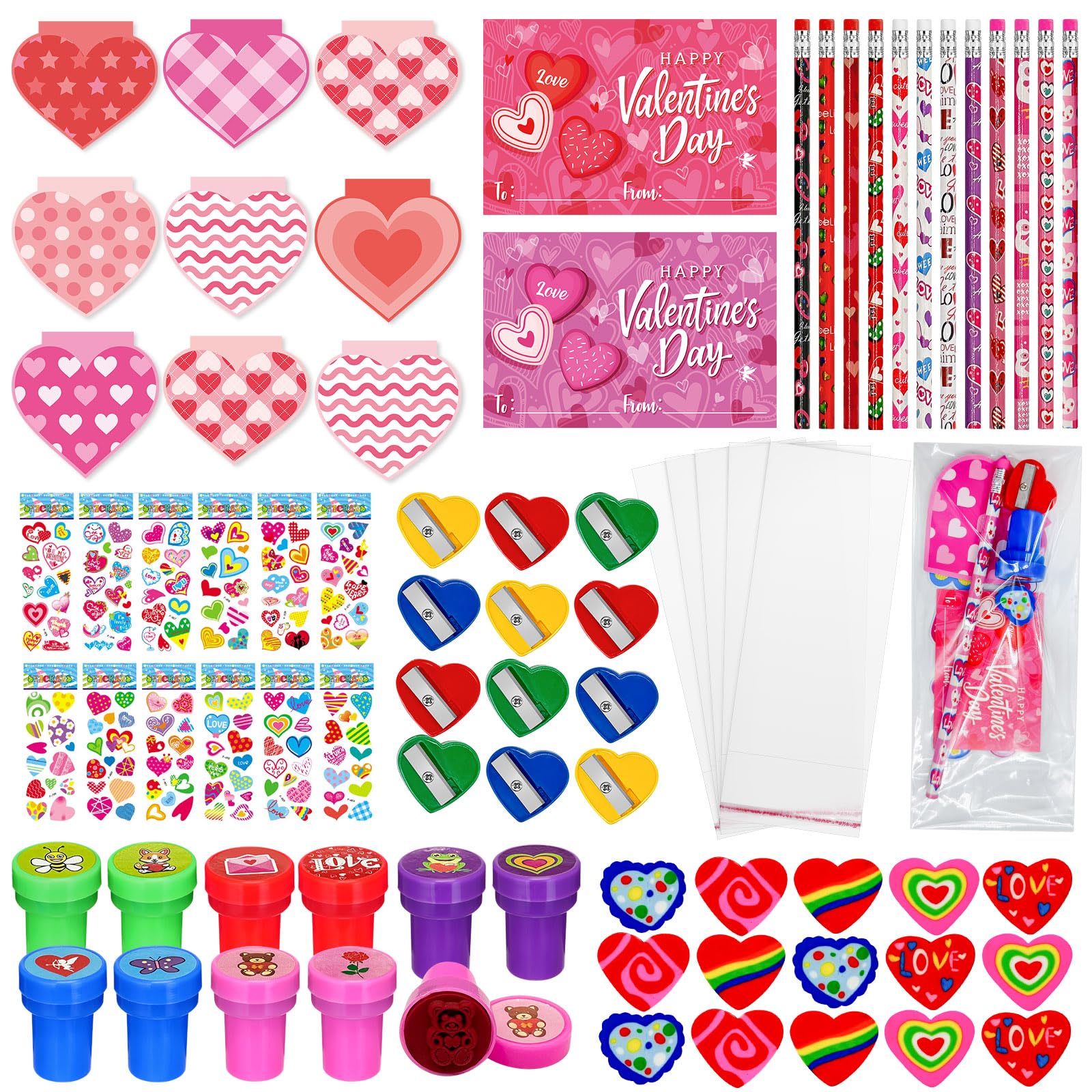 Photo 1 of 224 Pieces Valentine's Day School Exchange Gifts Valentine School Stationery Set Class Reward Prizes Notebooks Pencils Sharpener Erasers Stickers Stamps for Valentines Goodie Stuffers Party Supplies