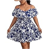 Floerns Women's Plus Size Floral Cold Shoulder Flounce Sleeve A Line Short Dress