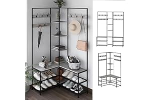 GiftGo Corner Hall Tree with Shoe Rack Storage Bench Display Open Shelves Modern Industrial Entryway Coat Rack Stand for Home Living Room Mudroom Bedroom Multifuncitonal 5 in 1 (Greige)