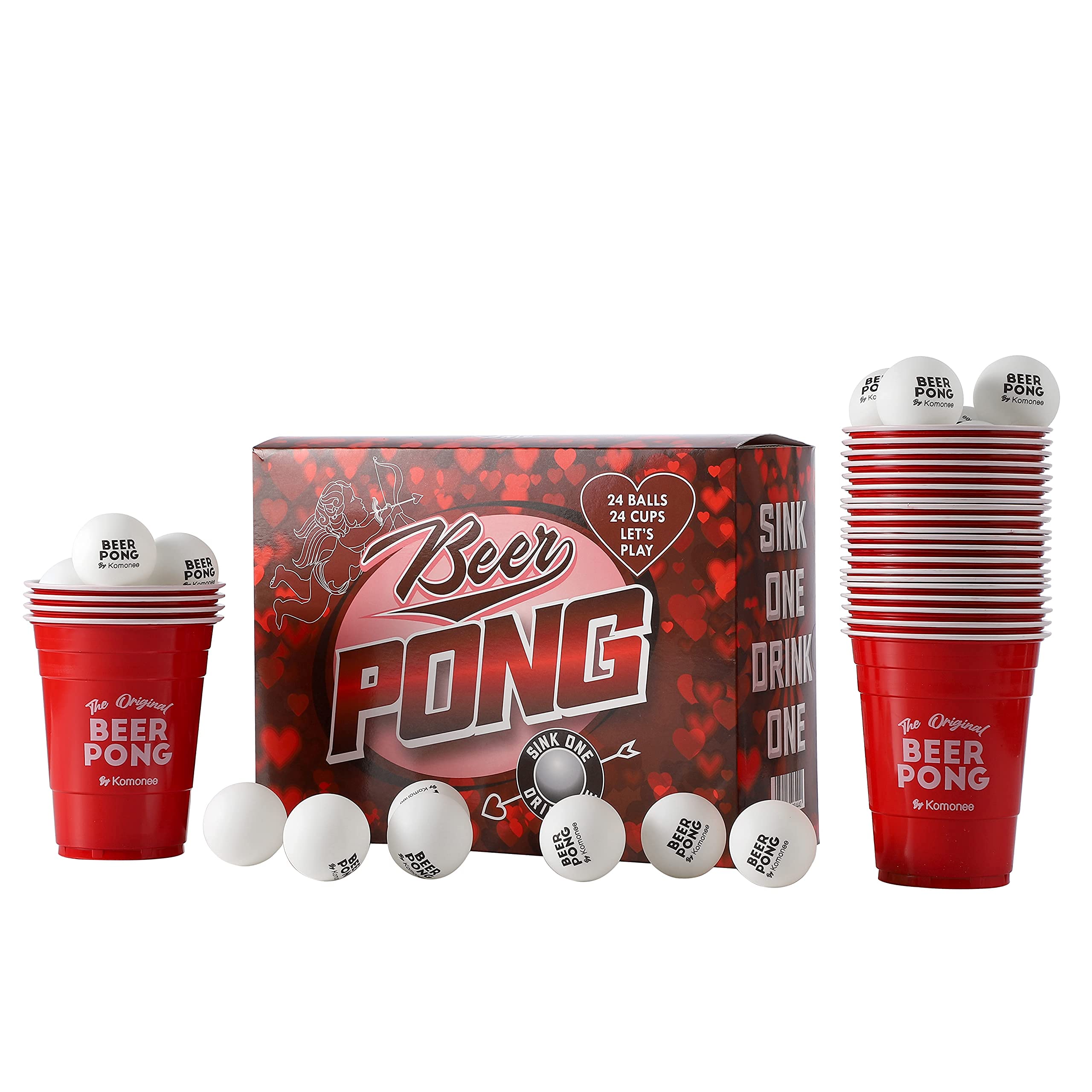 Komonee Beer Pong Set 48 PCS Valentines Edition American Adult Indoor Novelty Party Drinking Game 24 Re-usable Cups and 24 Balls Great For A Boyfriend Girlfriend Marriage Or Galentines Gift Idea