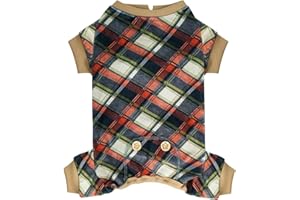 KYEESE Dog Pajamas Plaid Dog Pajamas for Small Dogs Boy Girl Stretchy Onesie Velvet Doggie Jammies Lightweight Pjs Soft Coat Comfy Pet Clothes, Khaki, Medium