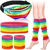 Cutecrop 6 Pcs 80s Costumes Accessories for Women, Leg Warmer Workout 90s Outfit Holographic Fanny Pack Headband Wristband