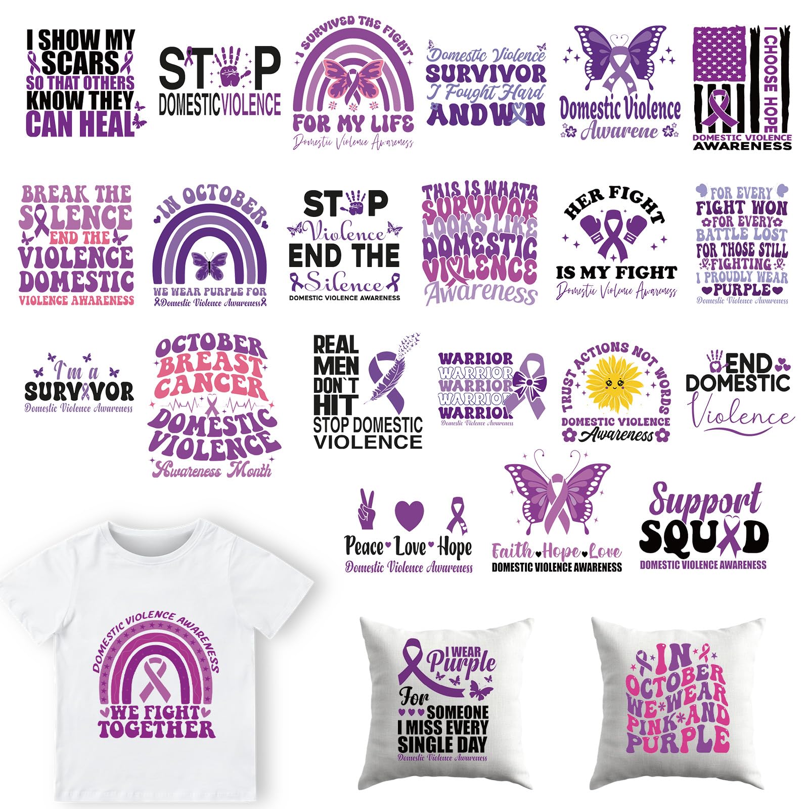 Photo 1 of Dazoratix Domestic Violence Iron on Transfers - 24 Sheets Purple Ribbon DTF Ready to Press Heat Patches Bulk Abuse Awareness Vinyl Designs Stickers Decals for T Shirts Clothes Bag DIY Crafts Appliques
