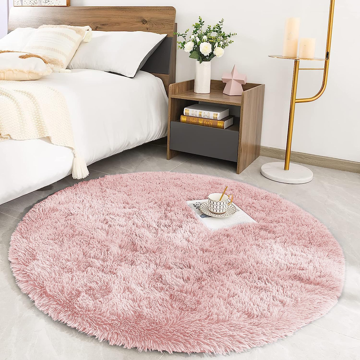 MOONLIGHT20015 Round Rugs Living Room – Fluffy Shaggy Pink Area Rugs for Bedroom 120x120cm Anti Slip – Modern Super Soft Thick Pile Plush Carpet Non Shedding Easy To Clean Rug