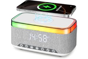 Portable Bluetooth Speaker with 15W Wireless Charging, 4 in 1 Alarm Clock Radio, 13-Color Dimmable LED Night Light - White No