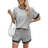 iChunhua Womens Striped Knit Sets 2 Piece Outfits 2025 Summer Crew Neck Short Sleeve Tops Shorts Lounge Sets with Pockets