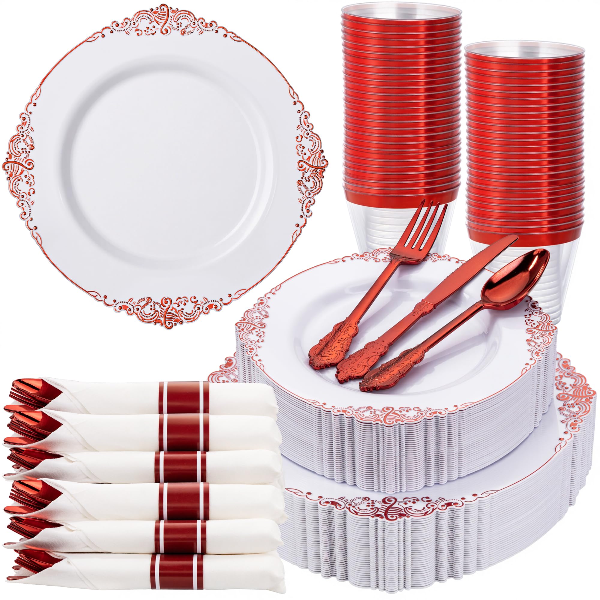 Photo 1 of **Missing Parts**
Nervure 350PCS Red Plastic Plates - White Red Plastic Dinnerware Set for 50 Guests - 100 Red Disposable Plates, 50 Pre Rolled Cutlery Set, 50 Cups Perfect for Wedding & Party & Valentine
