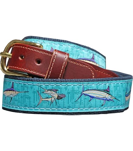 No27 Mens Nautical Tarpon Fish D-Ring Style Ribbon Belt, Webbing