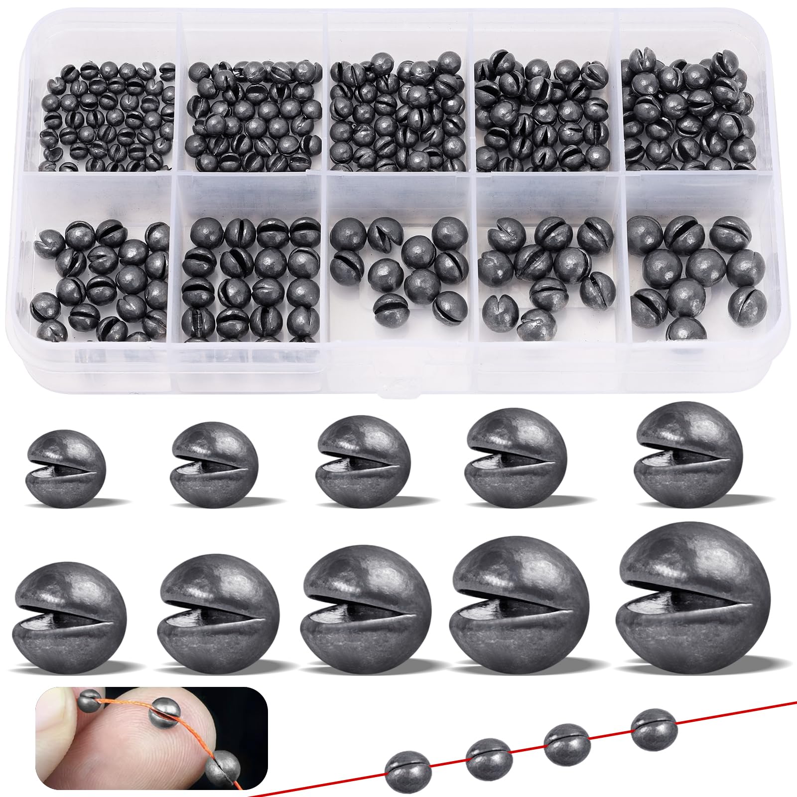 Annyswit 300 Pcs/10 Sizes Fishing Split Shot 2g 1.5g 1.2g 1g 0.8g 0.6g 0.5g 0.4g 0.3g 0.2g Fishing Dispenser Sinkers Weights Shot for Stabilizing the Angling Line & Bait