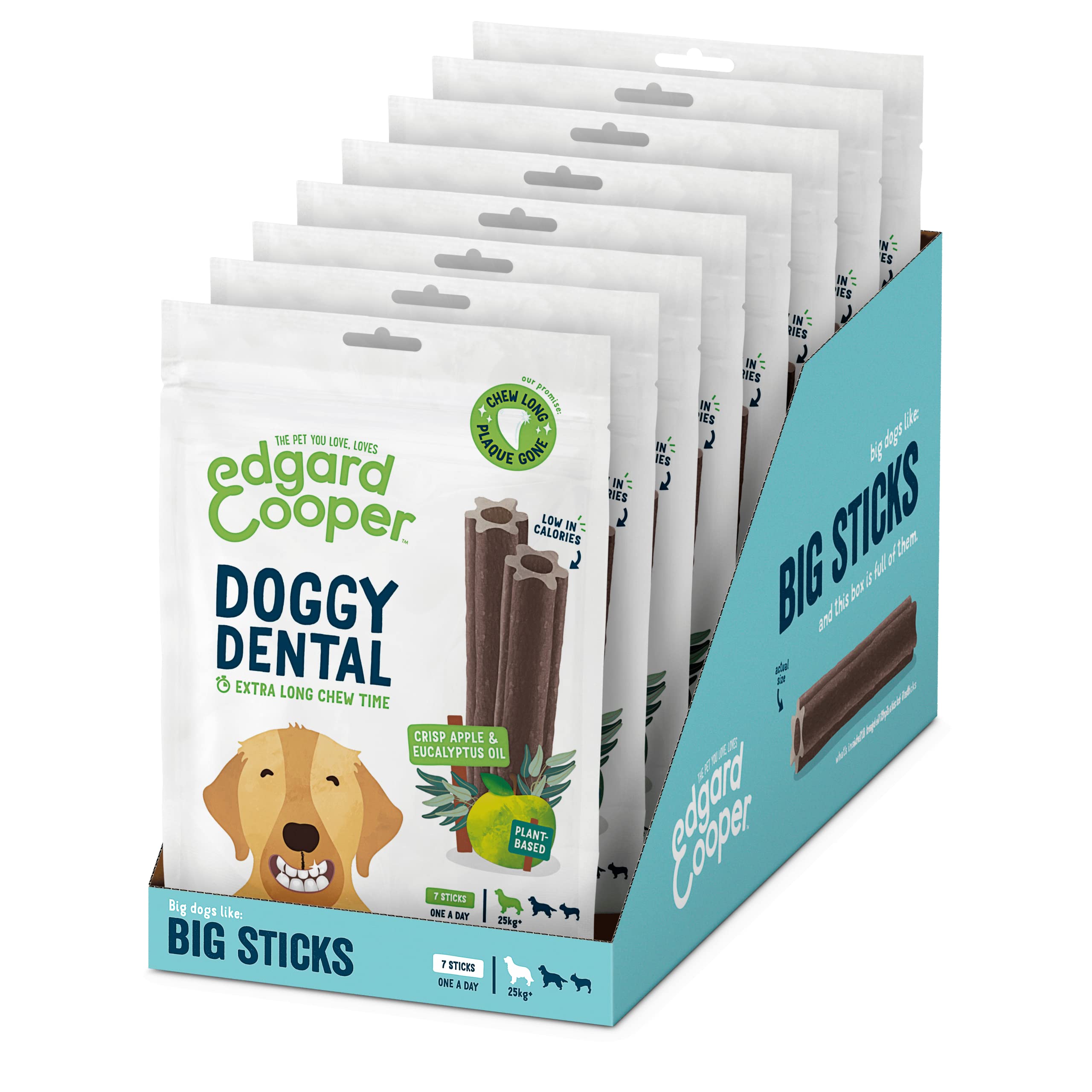 Edgard Cooper Treats Dental Stick, Large, Eucalyptus Apple, 8 x 7 stick pack, Natural Dog Chew Sticks, Dental Hygiene, One per Day, Low Calorie, Long Chewing, Fresh Breath