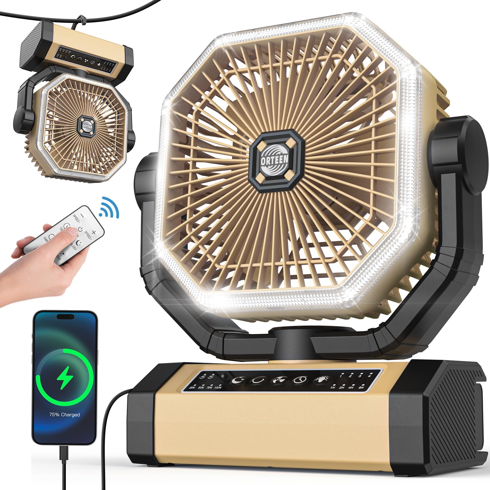 Photo 1 of Rechargeable Camping Fan - 9-Inch Battery Operated, 10000mAh(30Hrs) Auto Oscillating Fan with Remote/Light, 4 Speeds, 4 Timing, Outdoor