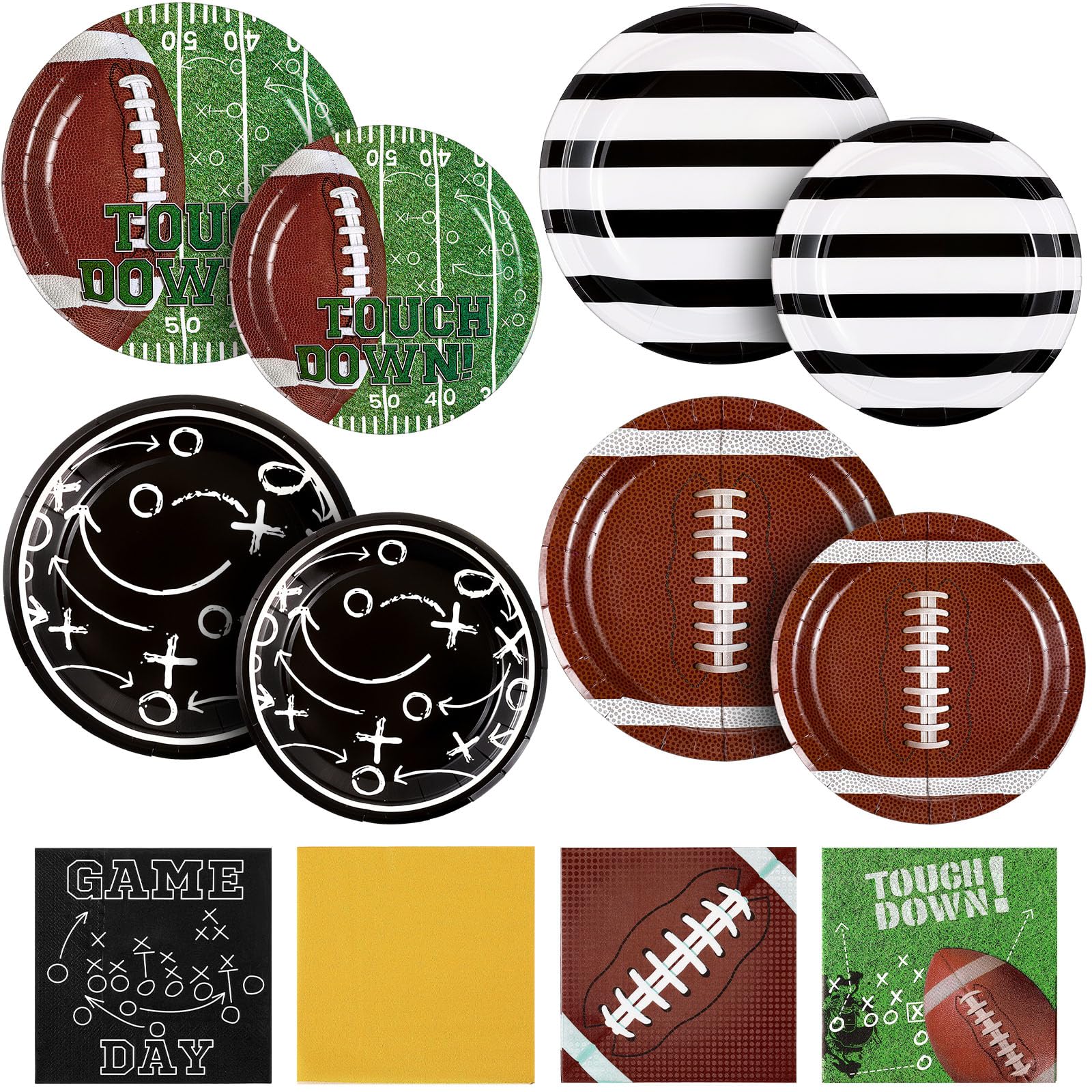 Photo 1 of Soulchen 72 Pcs Football Party Supplies Plates and Napkins Tableware Set Football Party Decorations Including 4 Design Football Plates Napkins Football Birthday Party Decorations, 24 Guests