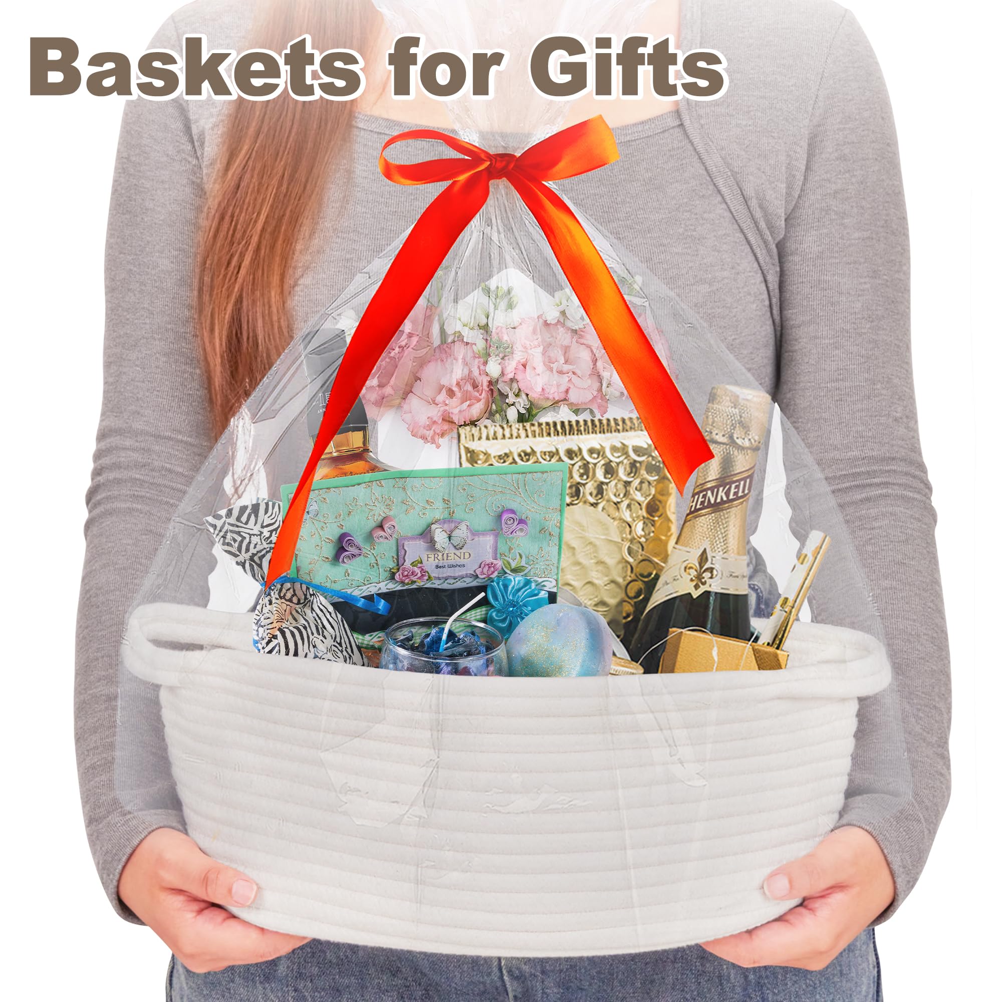 Small Woven White Gifts Basket for Storage Empty with Ribbons and Bags Durable Cute Gifts 12