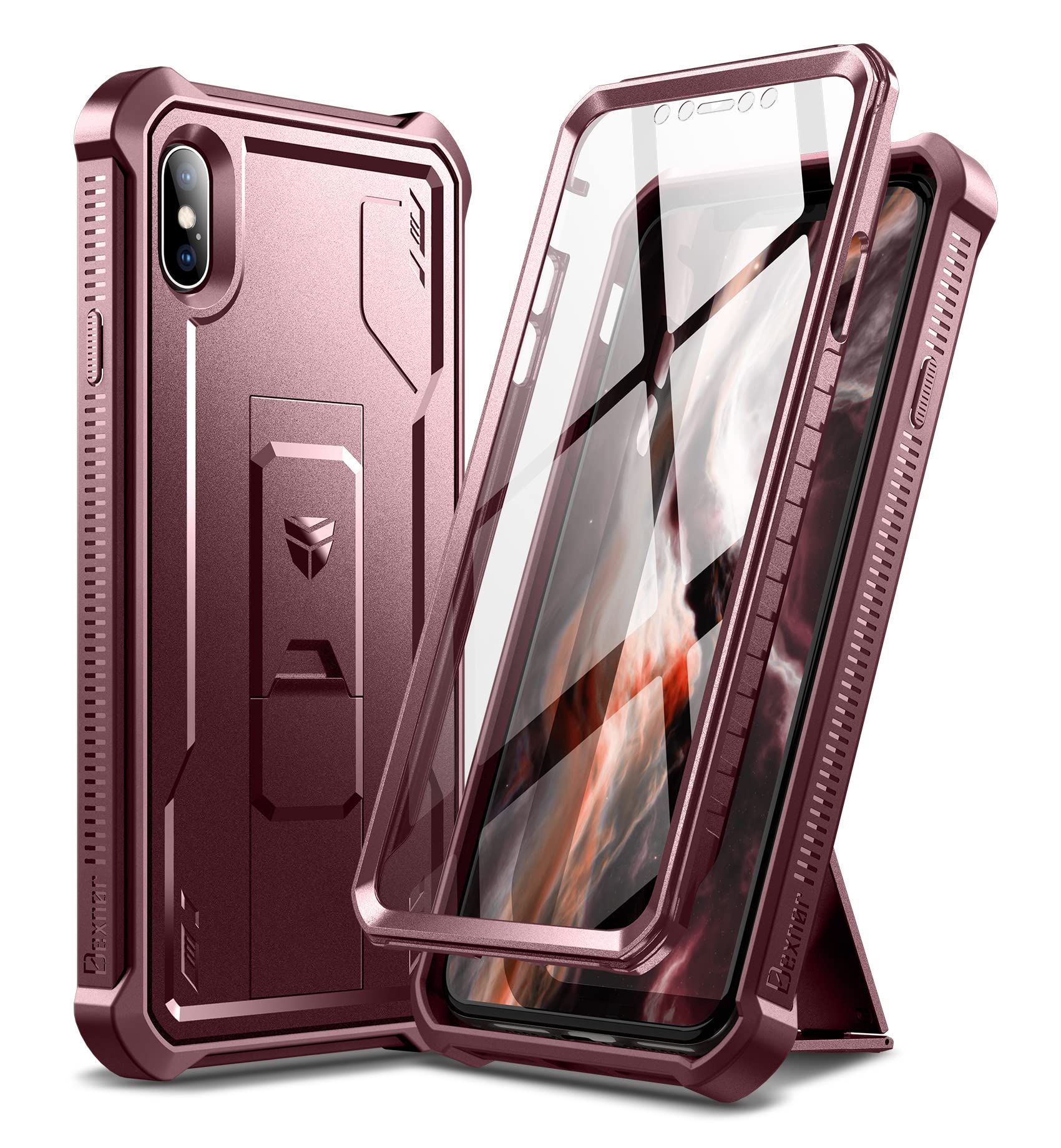 Dexnor Case for iPhone XS MAX 360 Full Body Heavy Duty Rugged Shockproof Military Drop Tested Protective Cover Built in Screen Protector and Kickstand for iPhone XS MAX-Magic Red