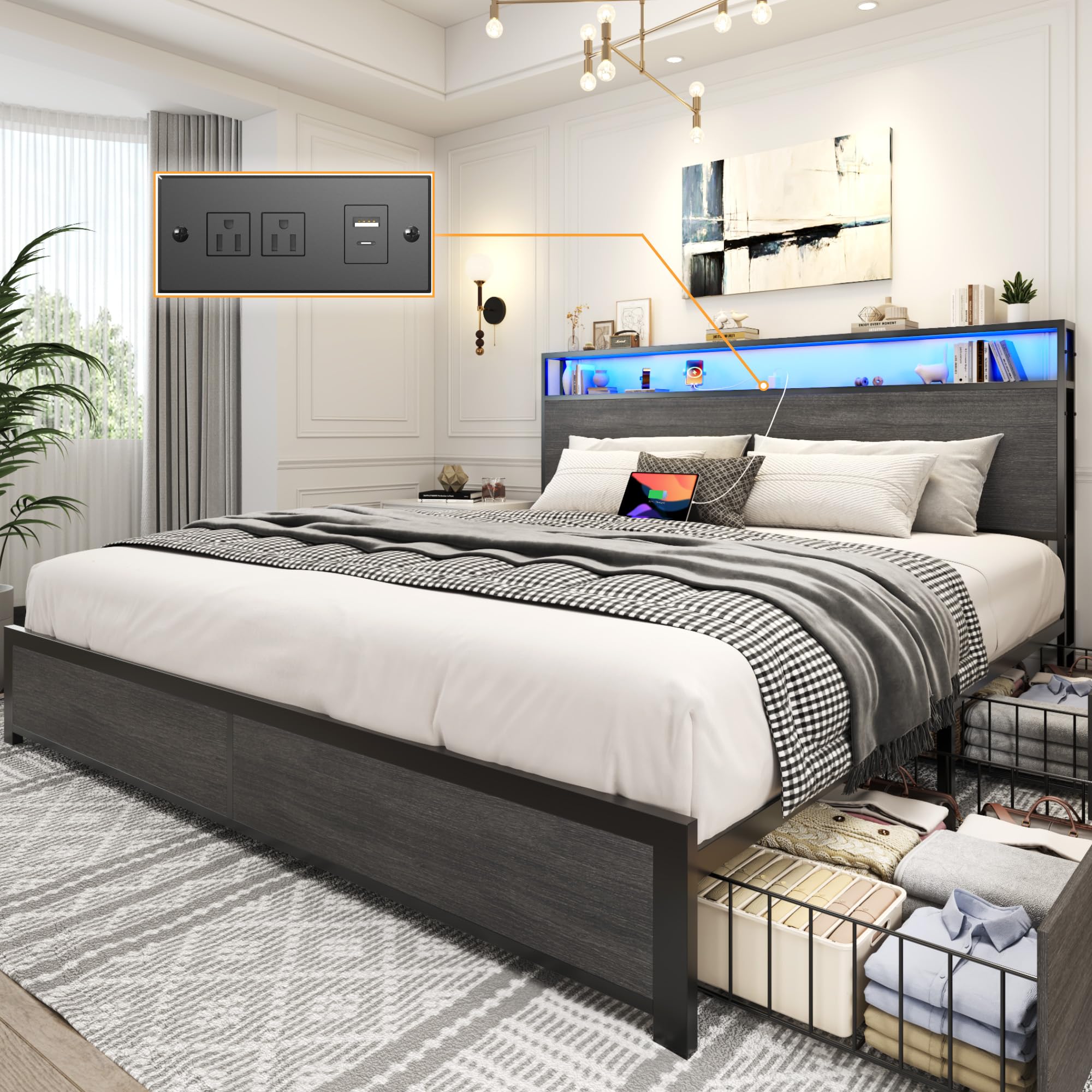 Photo 1 of Lifezone King Bed Frame with 2-Tier Storage Headboard, Metal Platform Bed Frame with 4 Storage Drawers, Built in Charging Station & LED, Noise-Free/Metal Support/No Box Spring Needed, Rustic Grey