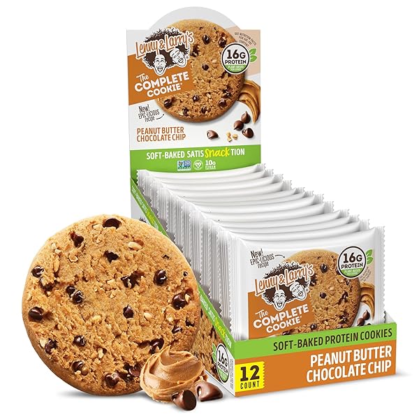 LENNY & LARRY’S COMPLETE PROTEIN COOKIE, [PEANUT BUTTER CHOCOLATE CHIP], CHEWY SOFT BAKED, 16G PLANT PROTEIN, VEGAN, NON-GMO, HIGH FIBER, [4 OUNCE] COOKIE (PACK OF 12)